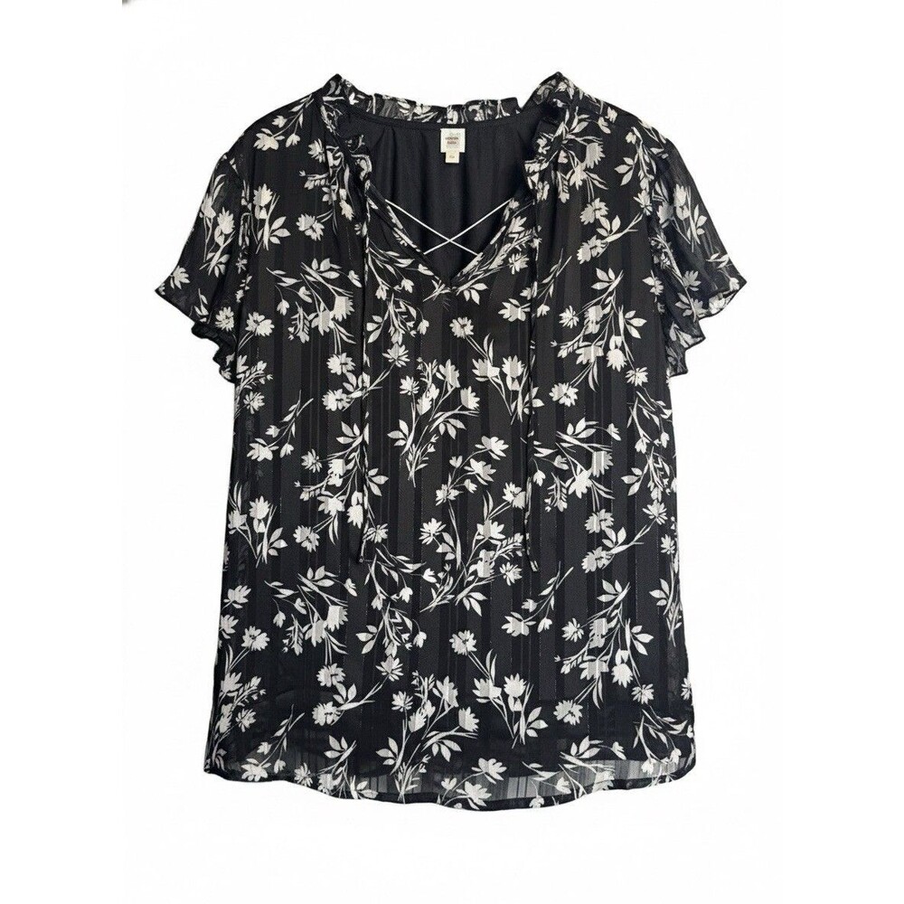 Autres Filles Women's Sheer Overlay  Black And White Floral Top Size 1x